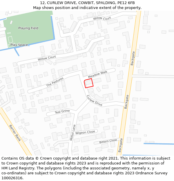 12, CURLEW DRIVE, COWBIT, SPALDING, PE12 6FB: Location map and indicative extent of plot