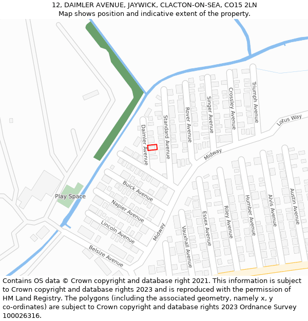 12, DAIMLER AVENUE, JAYWICK, CLACTON-ON-SEA, CO15 2LN: Location map and indicative extent of plot