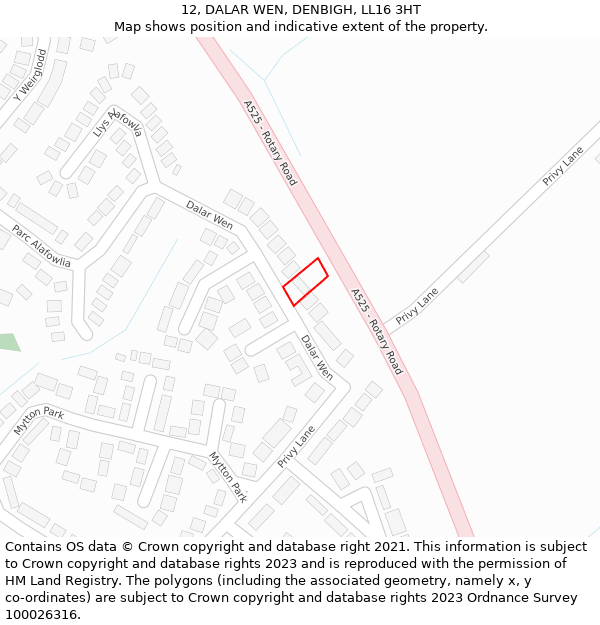 12, DALAR WEN, DENBIGH, LL16 3HT: Location map and indicative extent of plot