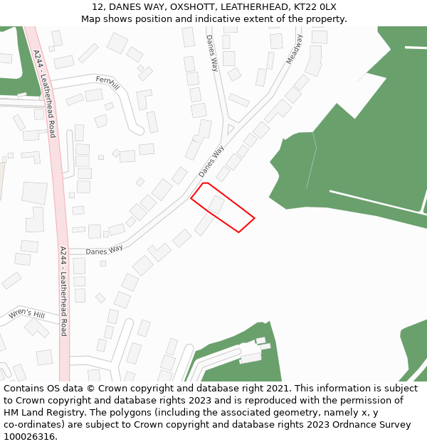 12, DANES WAY, OXSHOTT, LEATHERHEAD, KT22 0LX: Location map and indicative extent of plot