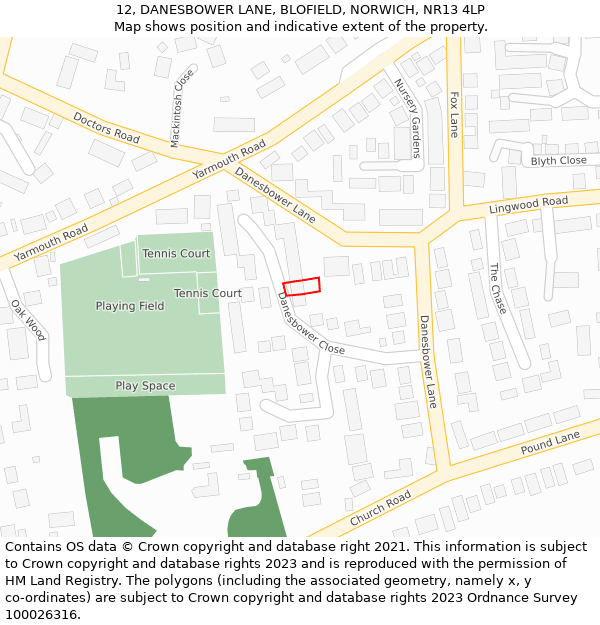 12, DANESBOWER LANE, BLOFIELD, NORWICH, NR13 4LP: Location map and indicative extent of plot