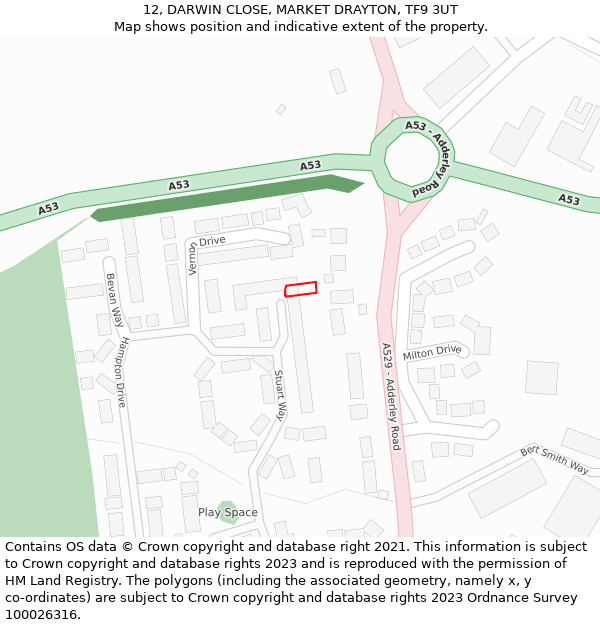 12, DARWIN CLOSE, MARKET DRAYTON, TF9 3UT: Location map and indicative extent of plot