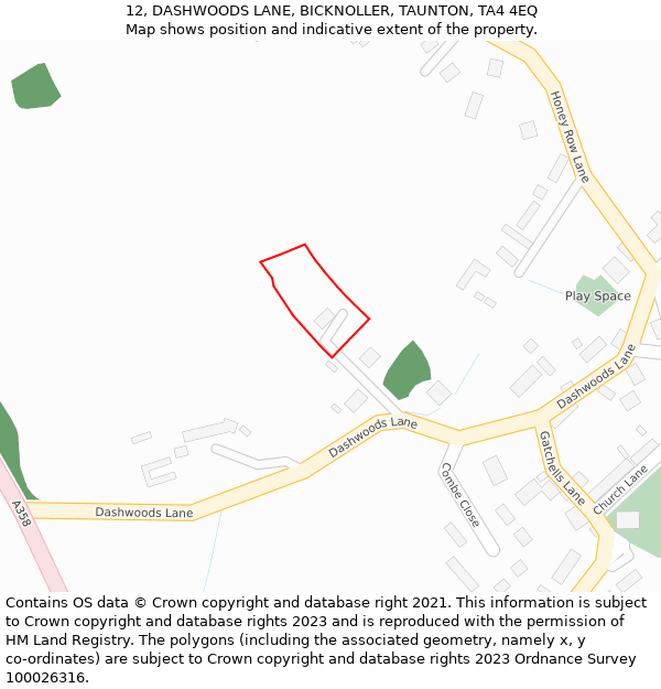 12, DASHWOODS LANE, BICKNOLLER, TAUNTON, TA4 4EQ: Location map and indicative extent of plot