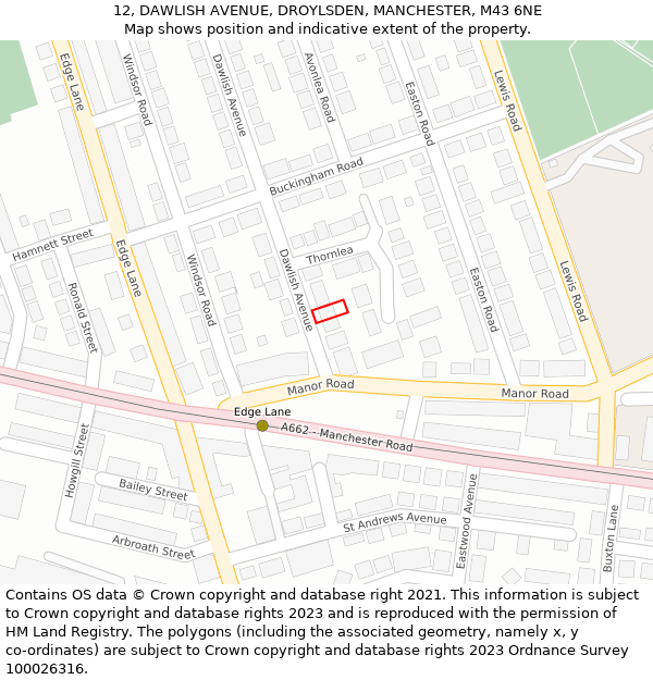 12, DAWLISH AVENUE, DROYLSDEN, MANCHESTER, M43 6NE: Location map and indicative extent of plot