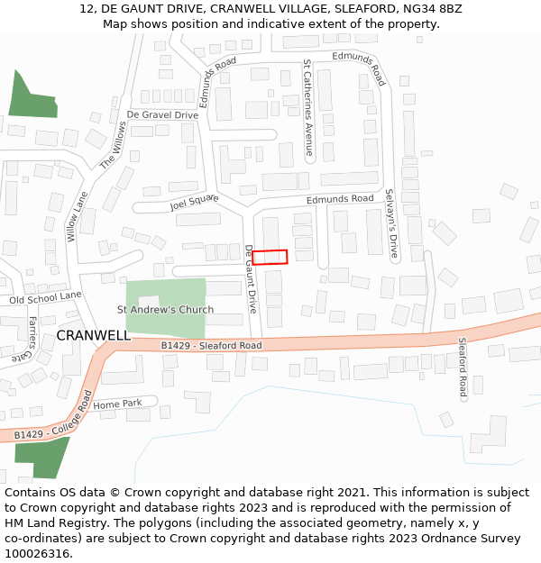 12, DE GAUNT DRIVE, CRANWELL VILLAGE, SLEAFORD, NG34 8BZ: Location map and indicative extent of plot