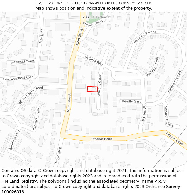 12, DEACONS COURT, COPMANTHORPE, YORK, YO23 3TR: Location map and indicative extent of plot