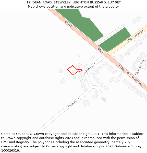 12, DEAN ROAD, STEWKLEY, LEIGHTON BUZZARD, LU7 0ET: Location map and indicative extent of plot