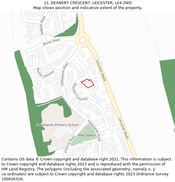 12, DEANERY CRESCENT, LEICESTER, LE4 2WD: Location map and indicative extent of plot