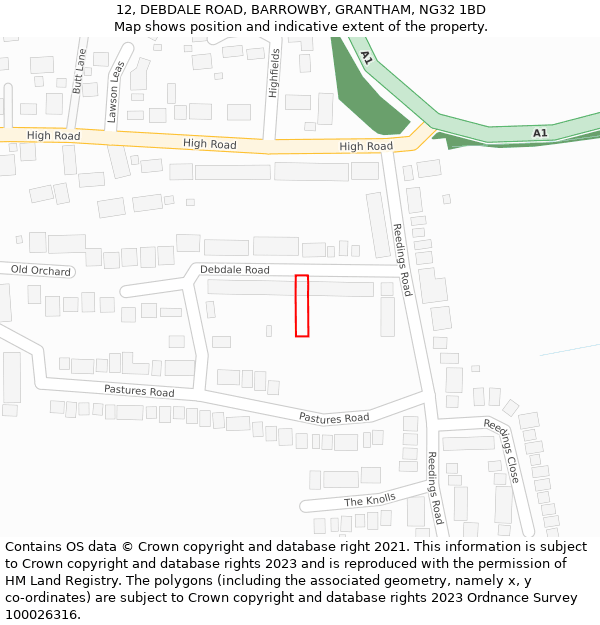 12, DEBDALE ROAD, BARROWBY, GRANTHAM, NG32 1BD: Location map and indicative extent of plot