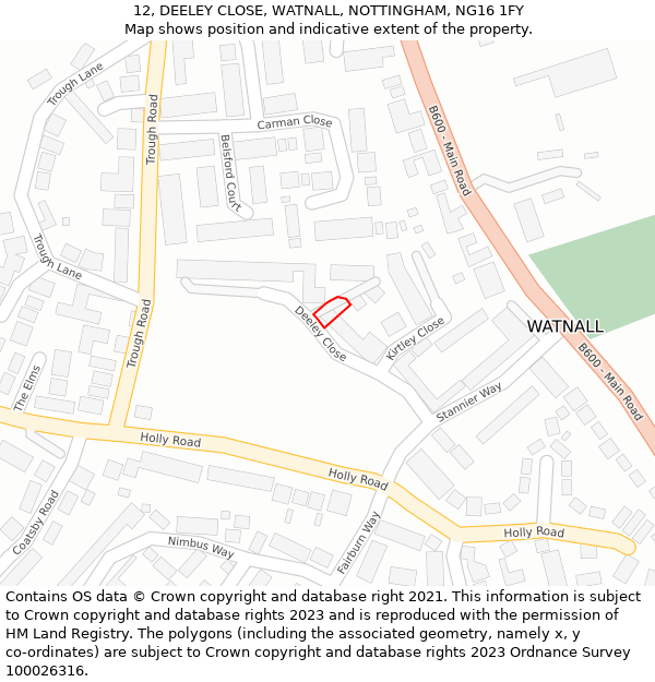 12, DEELEY CLOSE, WATNALL, NOTTINGHAM, NG16 1FY: Location map and indicative extent of plot