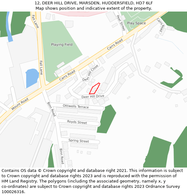 12, DEER HILL DRIVE, MARSDEN, HUDDERSFIELD, HD7 6LF: Location map and indicative extent of plot