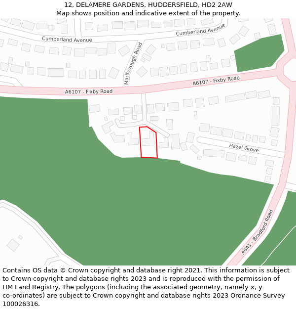 12, DELAMERE GARDENS, HUDDERSFIELD, HD2 2AW: Location map and indicative extent of plot