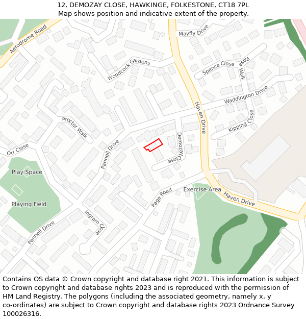 12, DEMOZAY CLOSE, HAWKINGE, FOLKESTONE, CT18 7PL: Location map and indicative extent of plot