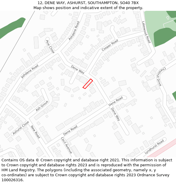 12, DENE WAY, ASHURST, SOUTHAMPTON, SO40 7BX: Location map and indicative extent of plot