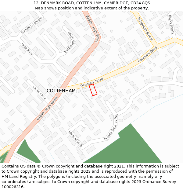 12, DENMARK ROAD, COTTENHAM, CAMBRIDGE, CB24 8QS: Location map and indicative extent of plot