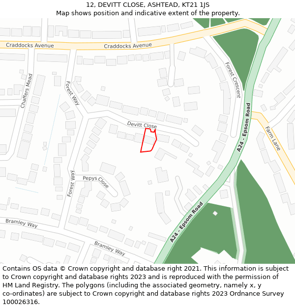 12, DEVITT CLOSE, ASHTEAD, KT21 1JS: Location map and indicative extent of plot