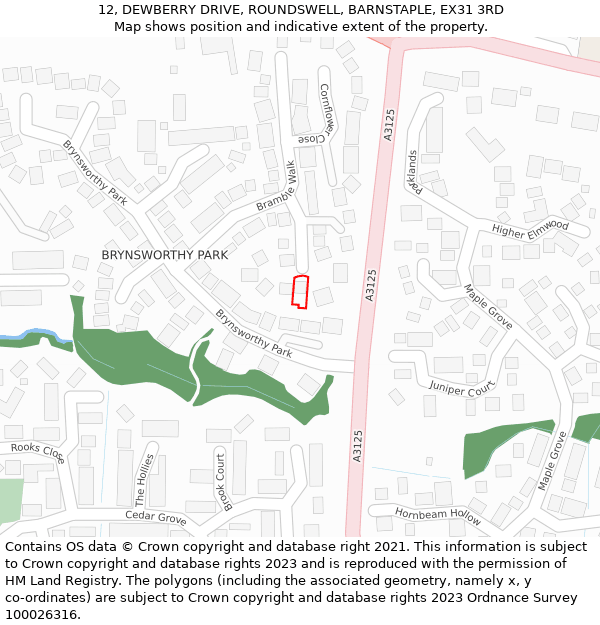 12, DEWBERRY DRIVE, ROUNDSWELL, BARNSTAPLE, EX31 3RD: Location map and indicative extent of plot