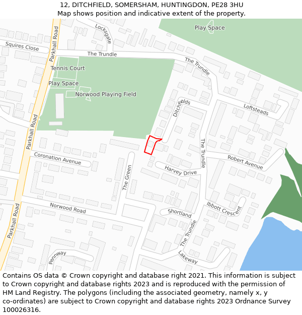 12, DITCHFIELD, SOMERSHAM, HUNTINGDON, PE28 3HU: Location map and indicative extent of plot