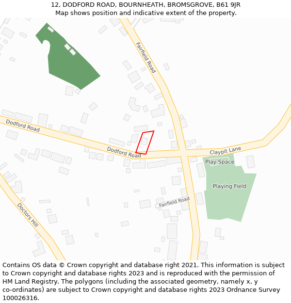 12, DODFORD ROAD, BOURNHEATH, BROMSGROVE, B61 9JR: Location map and indicative extent of plot