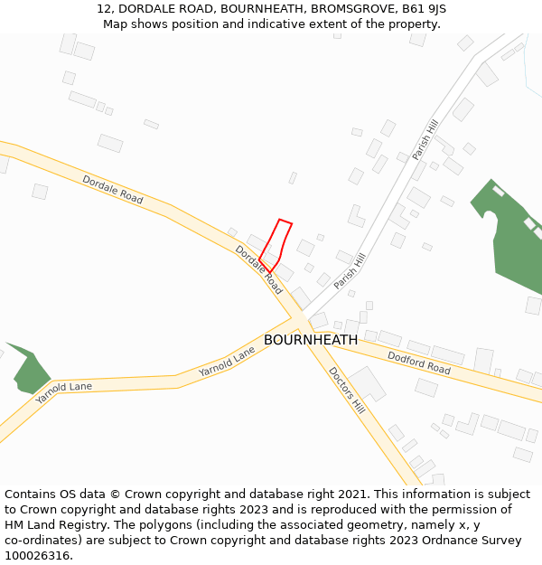 12, DORDALE ROAD, BOURNHEATH, BROMSGROVE, B61 9JS: Location map and indicative extent of plot