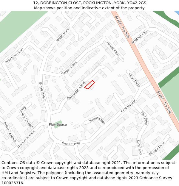 12, DORRINGTON CLOSE, POCKLINGTON, YORK, YO42 2GS: Location map and indicative extent of plot