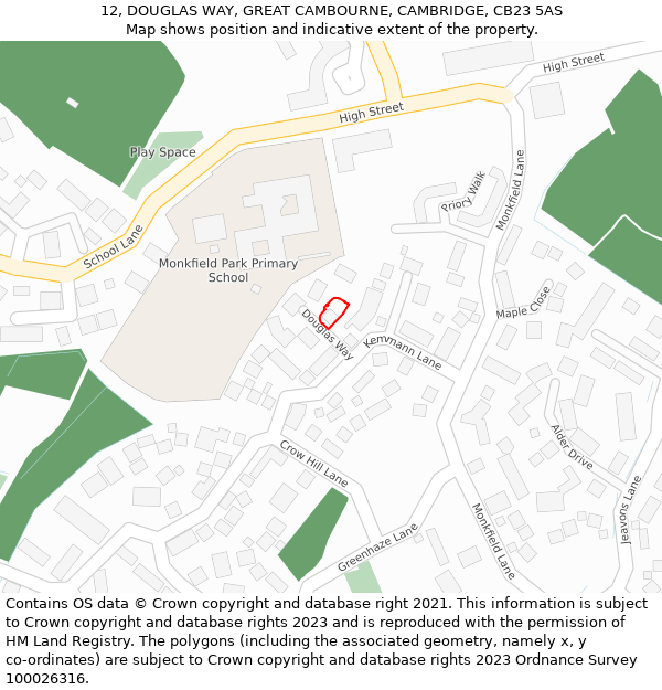 12, DOUGLAS WAY, GREAT CAMBOURNE, CAMBRIDGE, CB23 5AS: Location map and indicative extent of plot