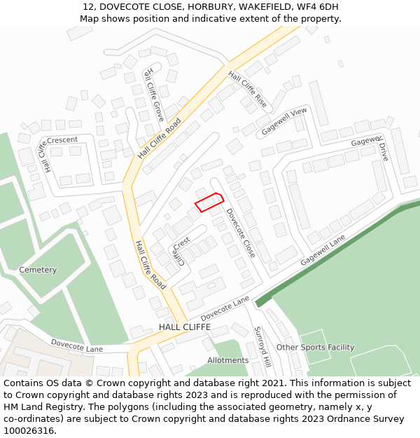 12, DOVECOTE CLOSE, HORBURY, WAKEFIELD, WF4 6DH: Location map and indicative extent of plot