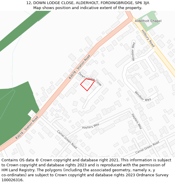 12, DOWN LODGE CLOSE, ALDERHOLT, FORDINGBRIDGE, SP6 3JA: Location map and indicative extent of plot