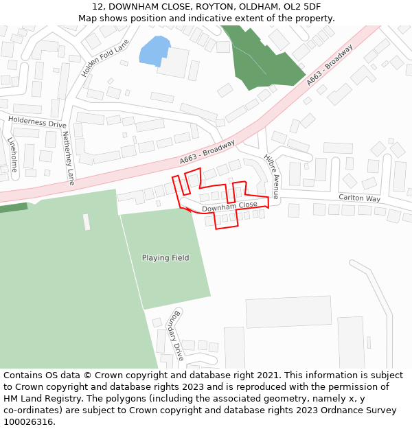 12, DOWNHAM CLOSE, ROYTON, OLDHAM, OL2 5DF: Location map and indicative extent of plot