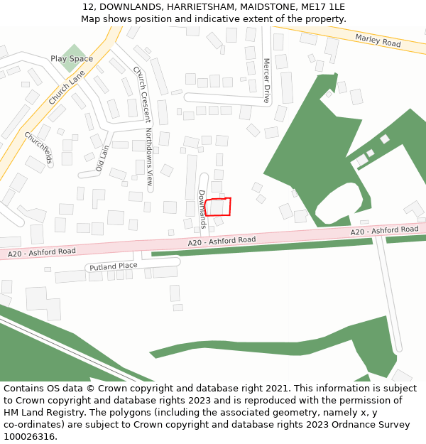 12, DOWNLANDS, HARRIETSHAM, MAIDSTONE, ME17 1LE: Location map and indicative extent of plot