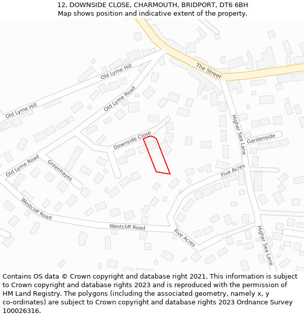 12, DOWNSIDE CLOSE, CHARMOUTH, BRIDPORT, DT6 6BH: Location map and indicative extent of plot