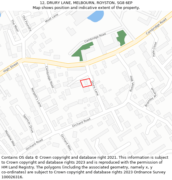 12, DRURY LANE, MELBOURN, ROYSTON, SG8 6EP: Location map and indicative extent of plot