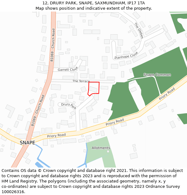 12, DRURY PARK, SNAPE, SAXMUNDHAM, IP17 1TA: Location map and indicative extent of plot