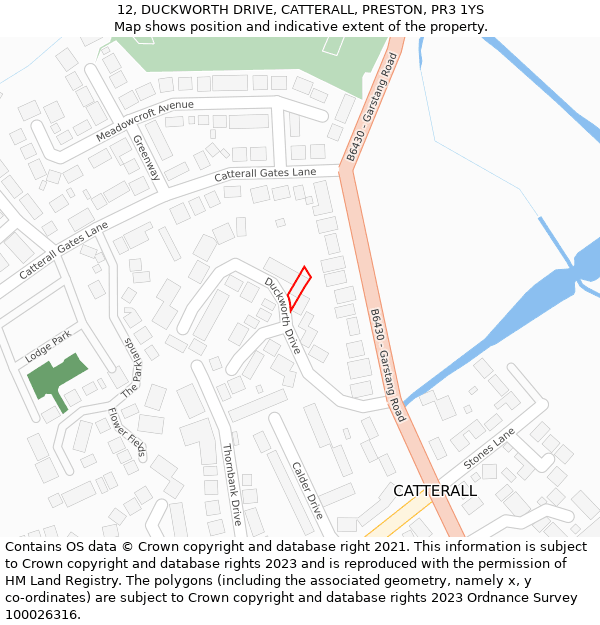12, DUCKWORTH DRIVE, CATTERALL, PRESTON, PR3 1YS: Location map and indicative extent of plot