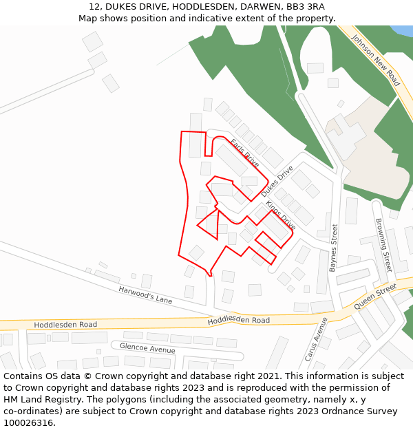 12, DUKES DRIVE, HODDLESDEN, DARWEN, BB3 3RA: Location map and indicative extent of plot