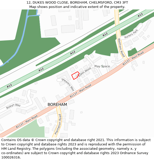 12, DUKES WOOD CLOSE, BOREHAM, CHELMSFORD, CM3 3FT: Location map and indicative extent of plot