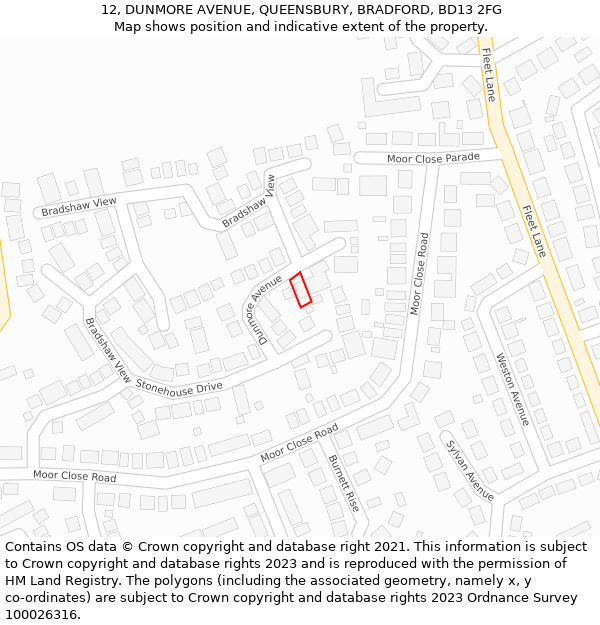12, DUNMORE AVENUE, QUEENSBURY, BRADFORD, BD13 2FG: Location map and indicative extent of plot