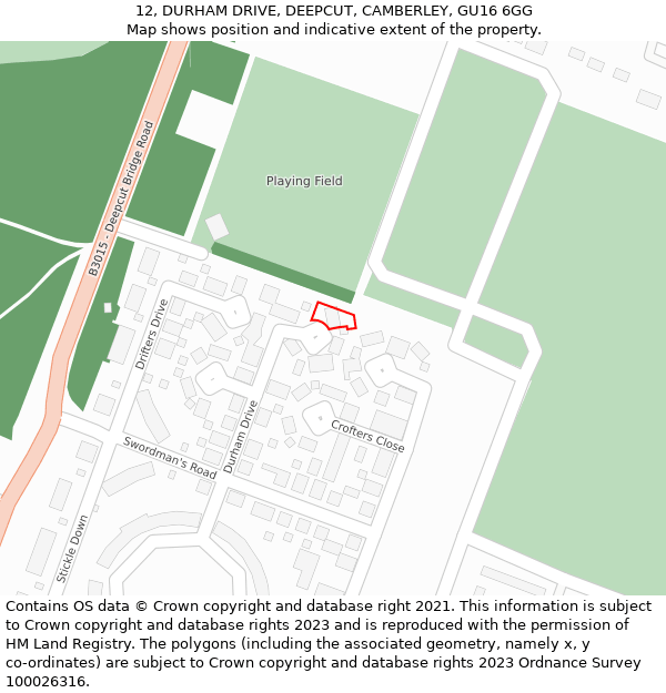 12, DURHAM DRIVE, DEEPCUT, CAMBERLEY, GU16 6GG: Location map and indicative extent of plot