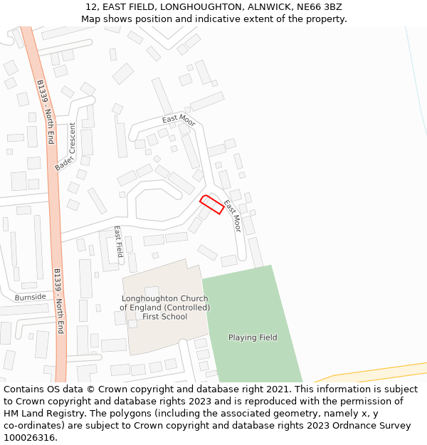 12, EAST FIELD, LONGHOUGHTON, ALNWICK, NE66 3BZ: Location map and indicative extent of plot