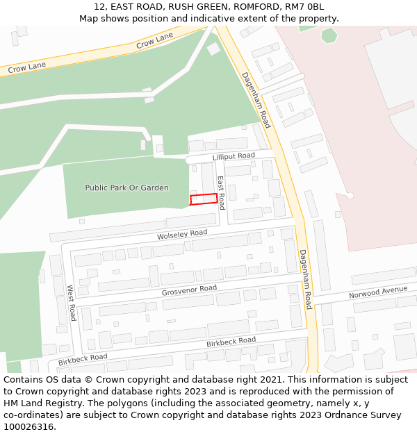 12, EAST ROAD, RUSH GREEN, ROMFORD, RM7 0BL: Location map and indicative extent of plot