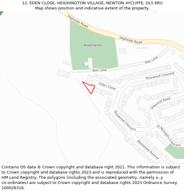 12, EDEN CLOSE, HEIGHINGTON VILLAGE, NEWTON AYCLIFFE, DL5 6RU: Location map and indicative extent of plot