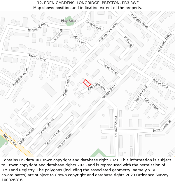 12, EDEN GARDENS, LONGRIDGE, PRESTON, PR3 3WF: Location map and indicative extent of plot