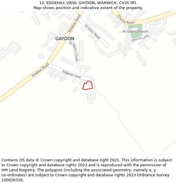 12, EDGEHILL VIEW, GAYDON, WARWICK, CV35 0FL: Location map and indicative extent of plot