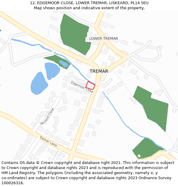 12, EDGEMOOR CLOSE, LOWER TREMAR, LISKEARD, PL14 5EU: Location map and indicative extent of plot