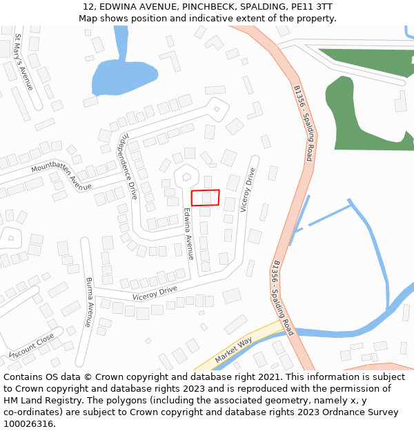 12, EDWINA AVENUE, PINCHBECK, SPALDING, PE11 3TT: Location map and indicative extent of plot