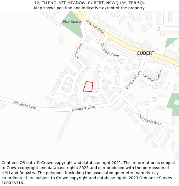 12, ELLENGLAZE MEADOW, CUBERT, NEWQUAY, TR8 5QU: Location map and indicative extent of plot