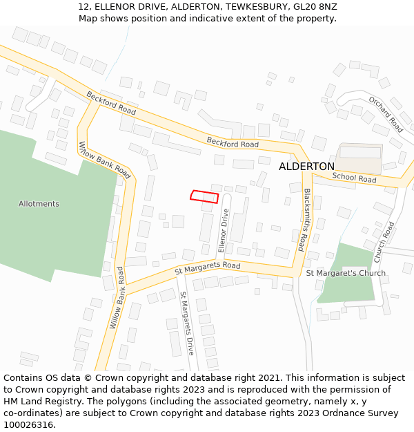 12, ELLENOR DRIVE, ALDERTON, TEWKESBURY, GL20 8NZ: Location map and indicative extent of plot