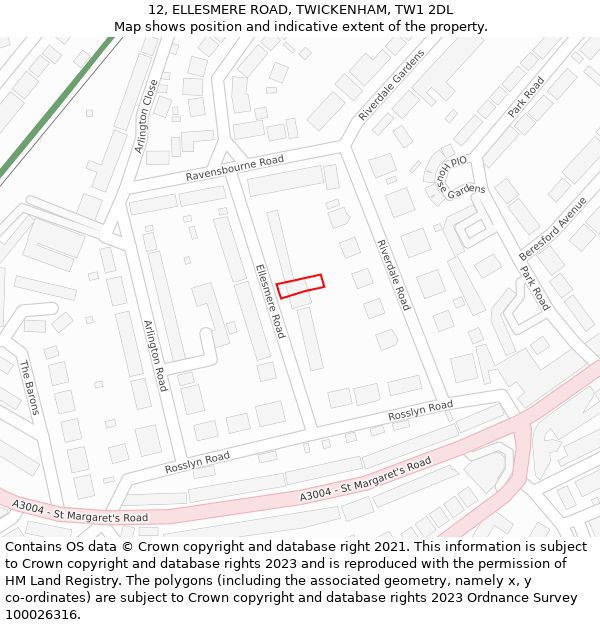 12, ELLESMERE ROAD, TWICKENHAM, TW1 2DL: Location map and indicative extent of plot