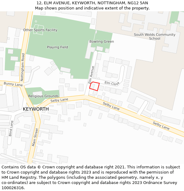 12, ELM AVENUE, KEYWORTH, NOTTINGHAM, NG12 5AN: Location map and indicative extent of plot