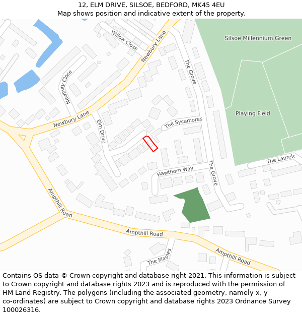 12, ELM DRIVE, SILSOE, BEDFORD, MK45 4EU: Location map and indicative extent of plot